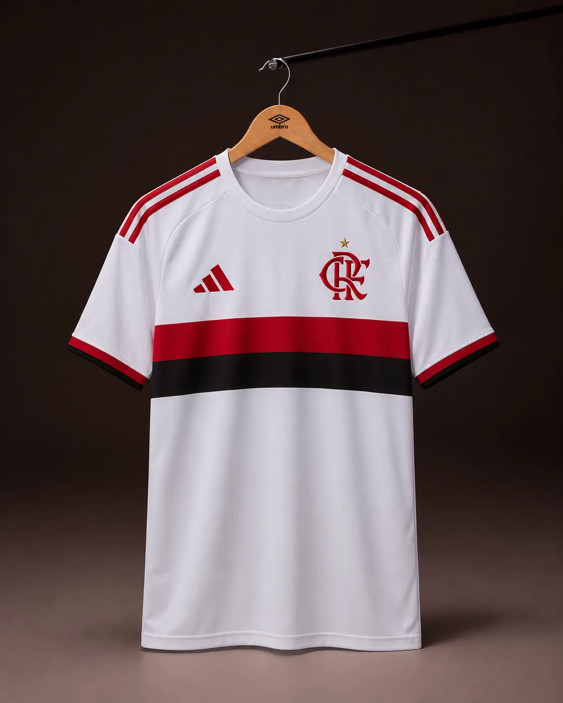 Camisa Flamengo 26/27, branca, vista de frente em cabide sobre fundo de estudio escuro