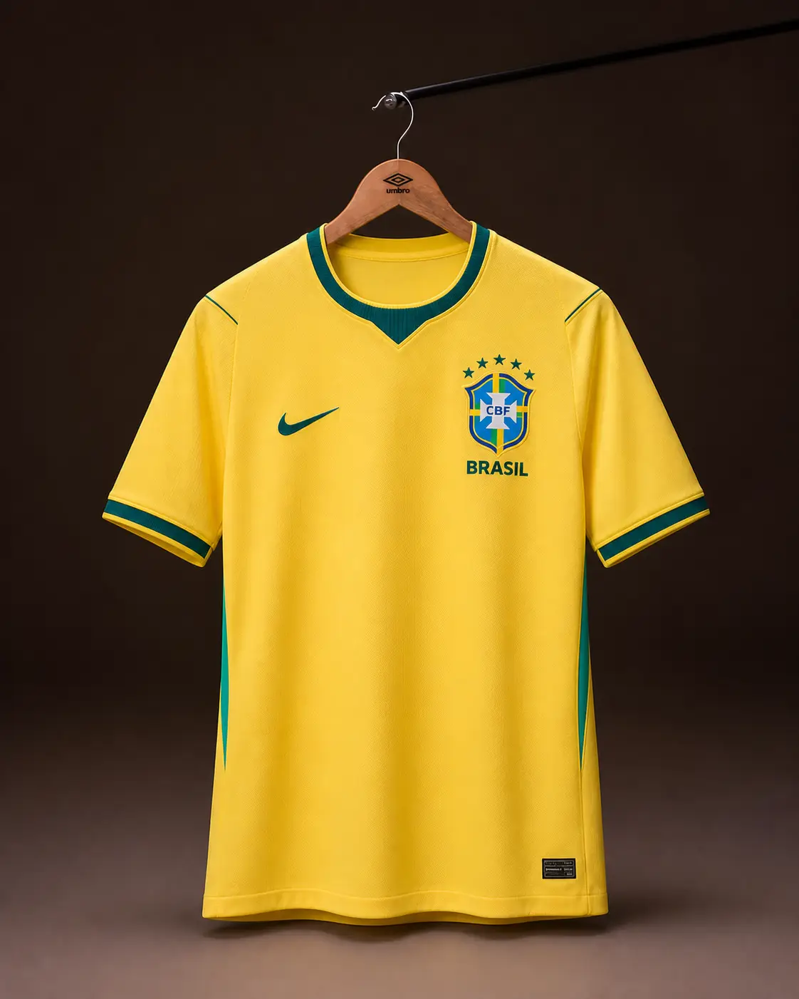 Camisa Brasil Copa 2026, amarela, vista de frente em cabide sobre fundo de estudio escuro