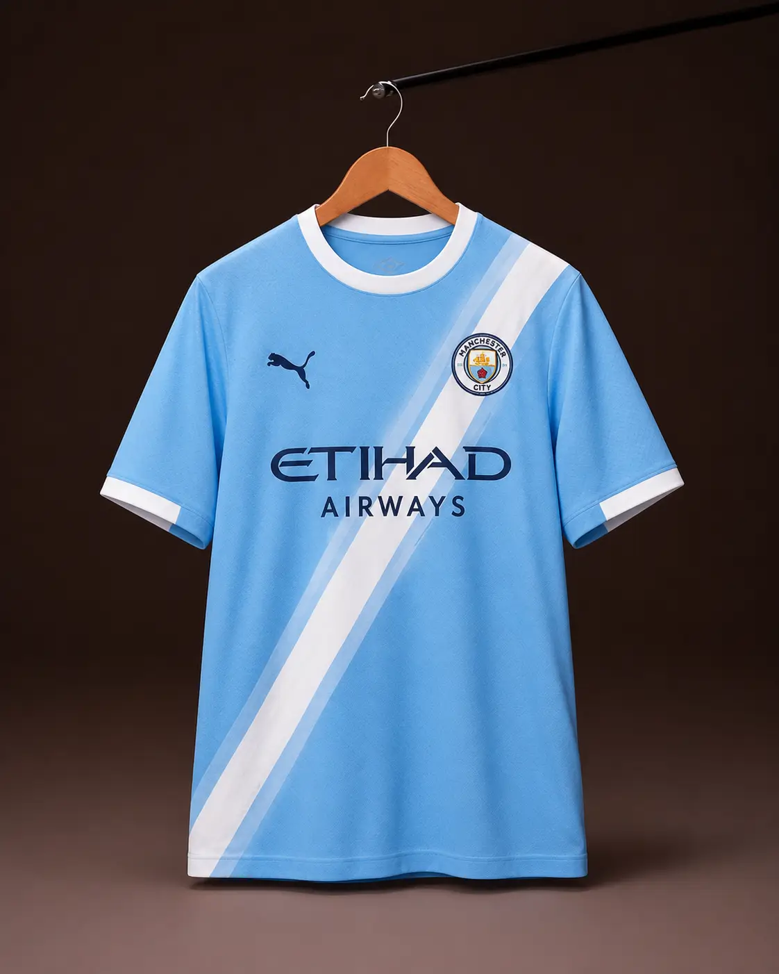 Camisa Manchester City 25/26, azul, vista de frente em cabide sobre fundo de estudio escuro