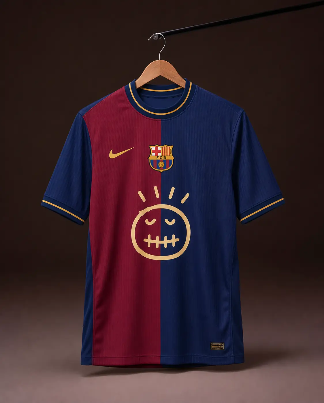 Camisa Barcelona 25/26, azul e grená, vista de frente em cabide sobre fundo de estudio escuro
