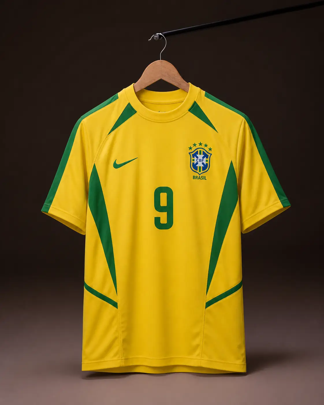 Camisa Brasil 2002, amarela, vista de frente em cabide sobre fundo de estudio escuro