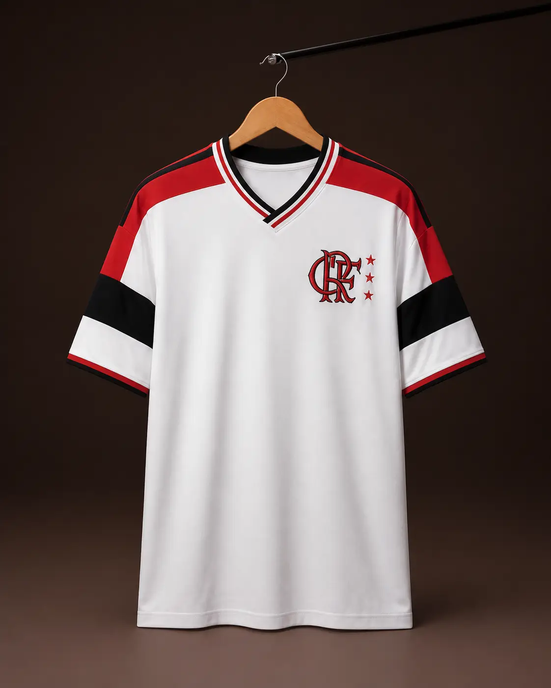 Camisa Flamengo 1981, branca, vista de frente em cabide sobre fundo de estudio escuro