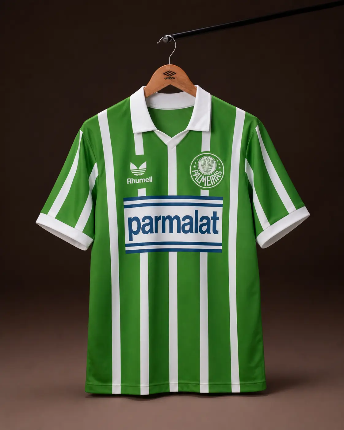Camisa Palmeiras 1994/95, verde e branca, vista de frente em cabide sobre fundo de estudio escuro