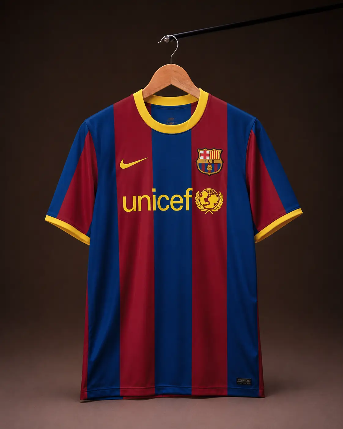 Camisa Barcelona 2010/11, azul e grená, vista de frente em cabide sobre fundo de estudio escuro