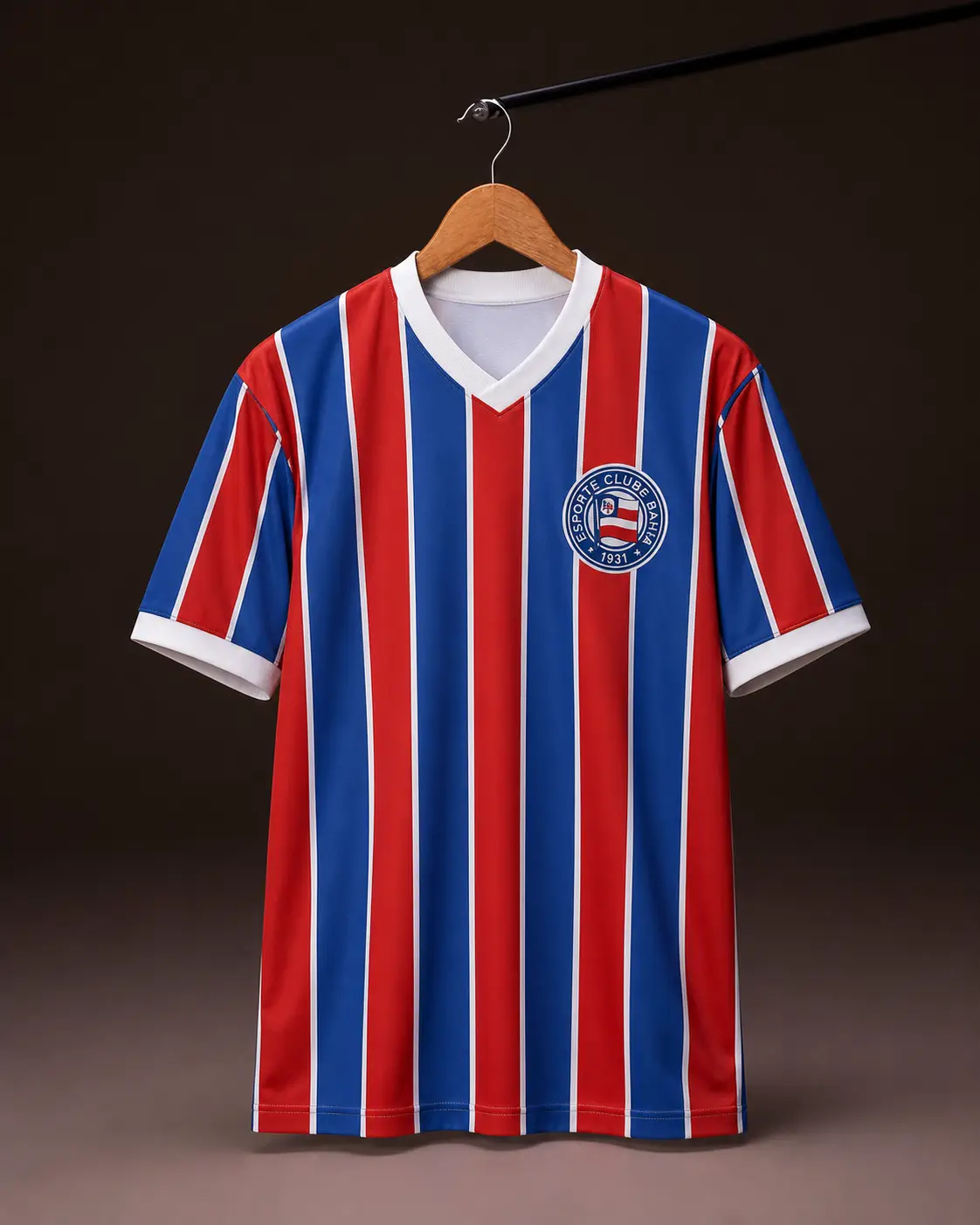 Camisa Bahia 1988, tricolor, vista de frente em cabide sobre fundo de estudio escuro