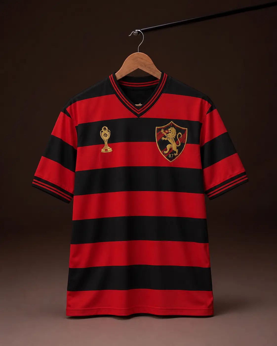 Camisa Sport 1987, rubro-negra, vista de frente em cabide sobre fundo de estudio escuro