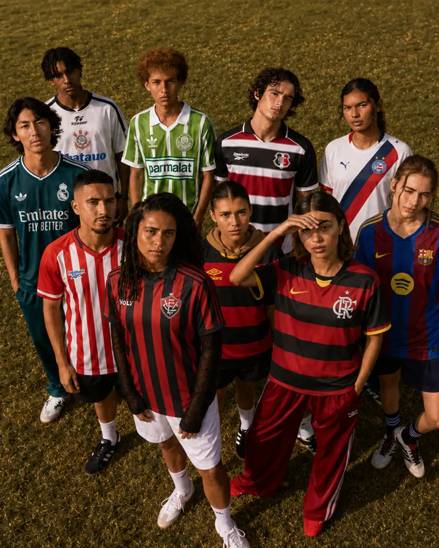 Dez pessoas de camisas de times diferentes em pé num campo de grama seca ao entardecer